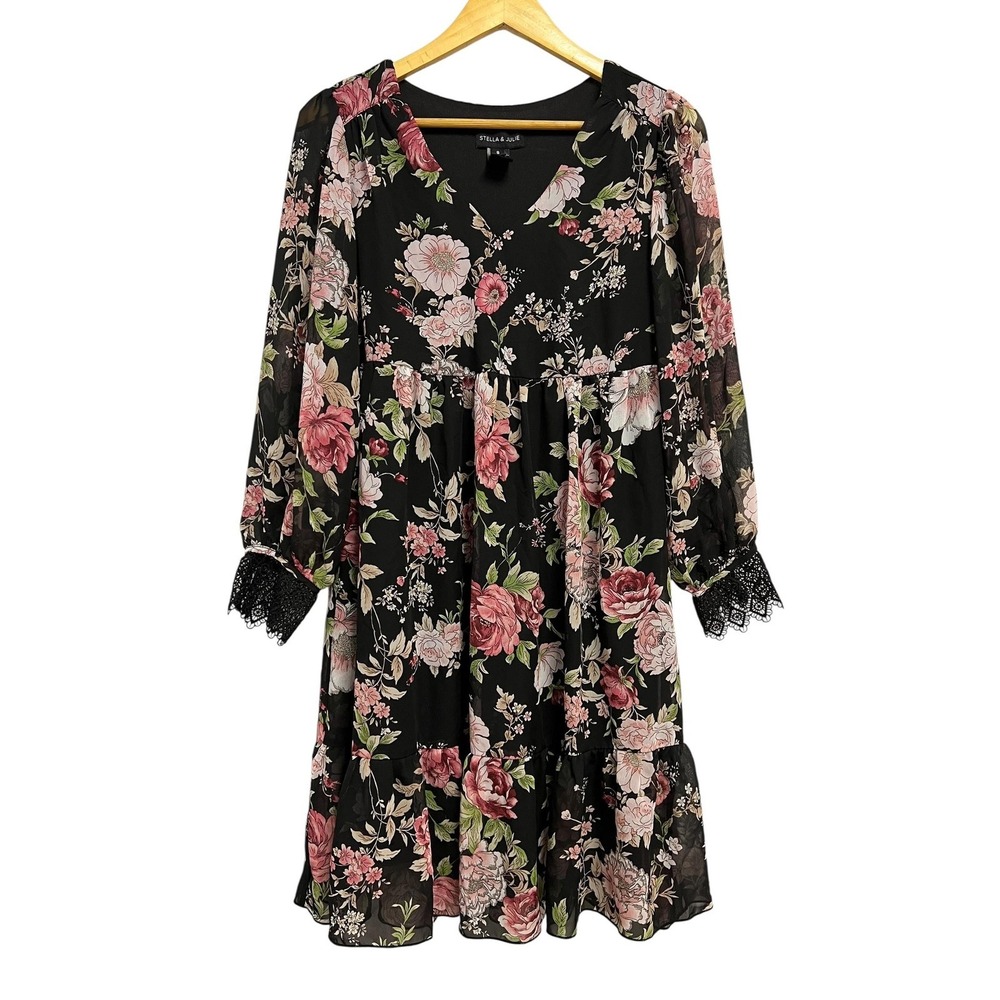 Stella & Julie Dress Womens 8 Black Floral Long Sleeve V-Neck Tiered Lace Cuff